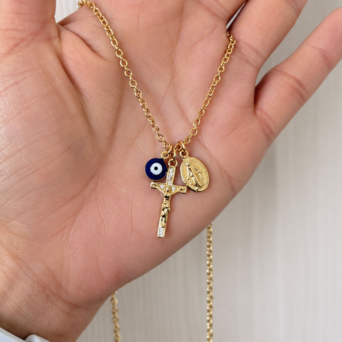 Blue Evil Eye Crucifix & Virgin Mary Necklace