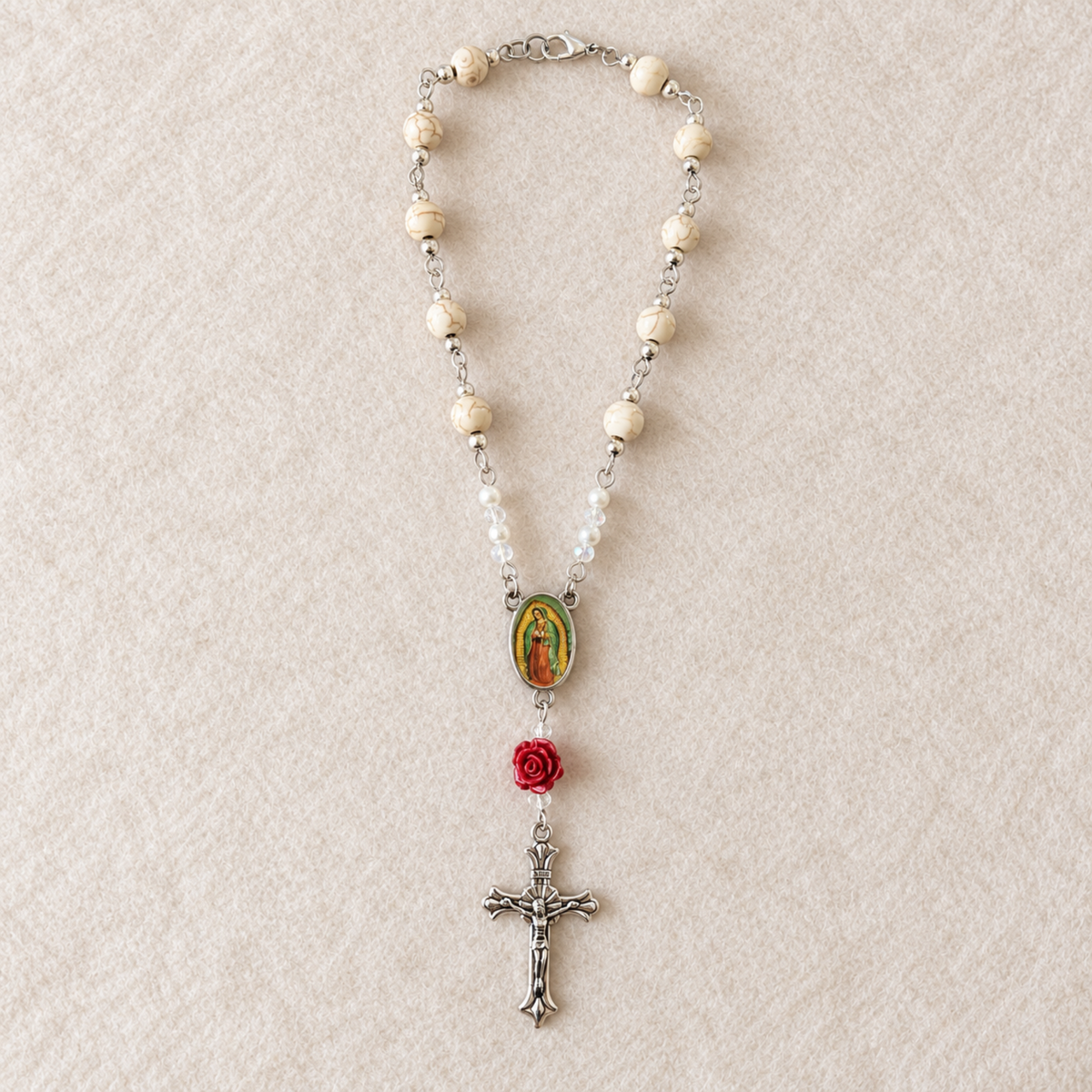 Virgin Mary Ivory Rosary Car Charm