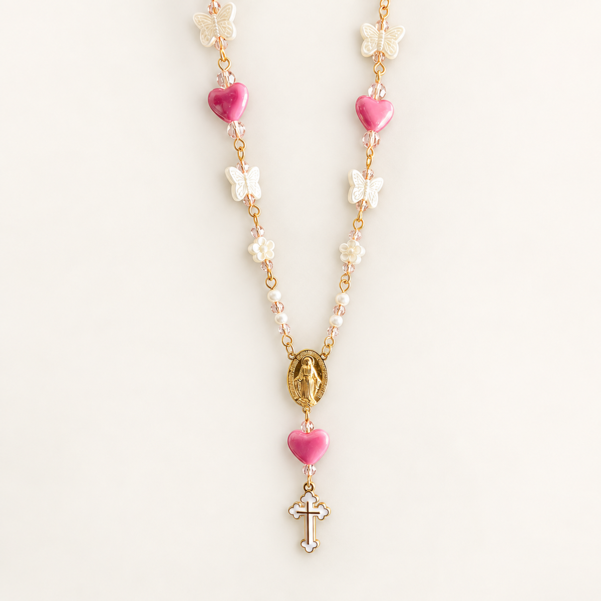 Pink Rosary Car Charm with Miraculous Medal