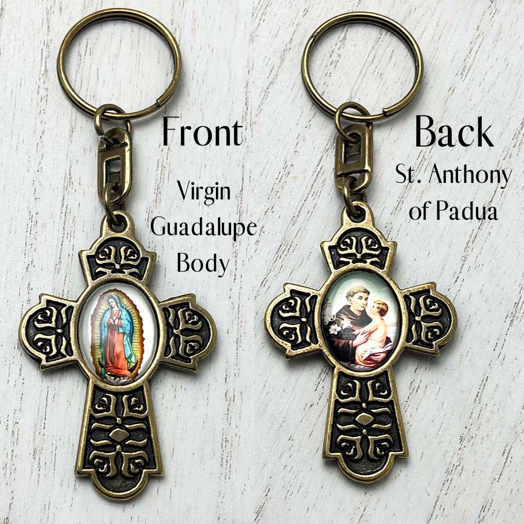 Keychain double sided. Virgin Mary full body & St. Anthony of Padua which is commonly known as the "lost object finder"