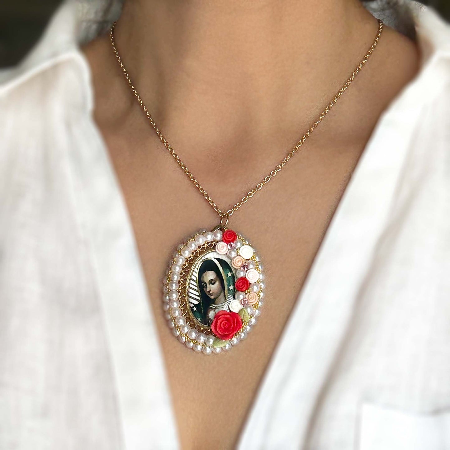 Virgin Mary Floral Necklace