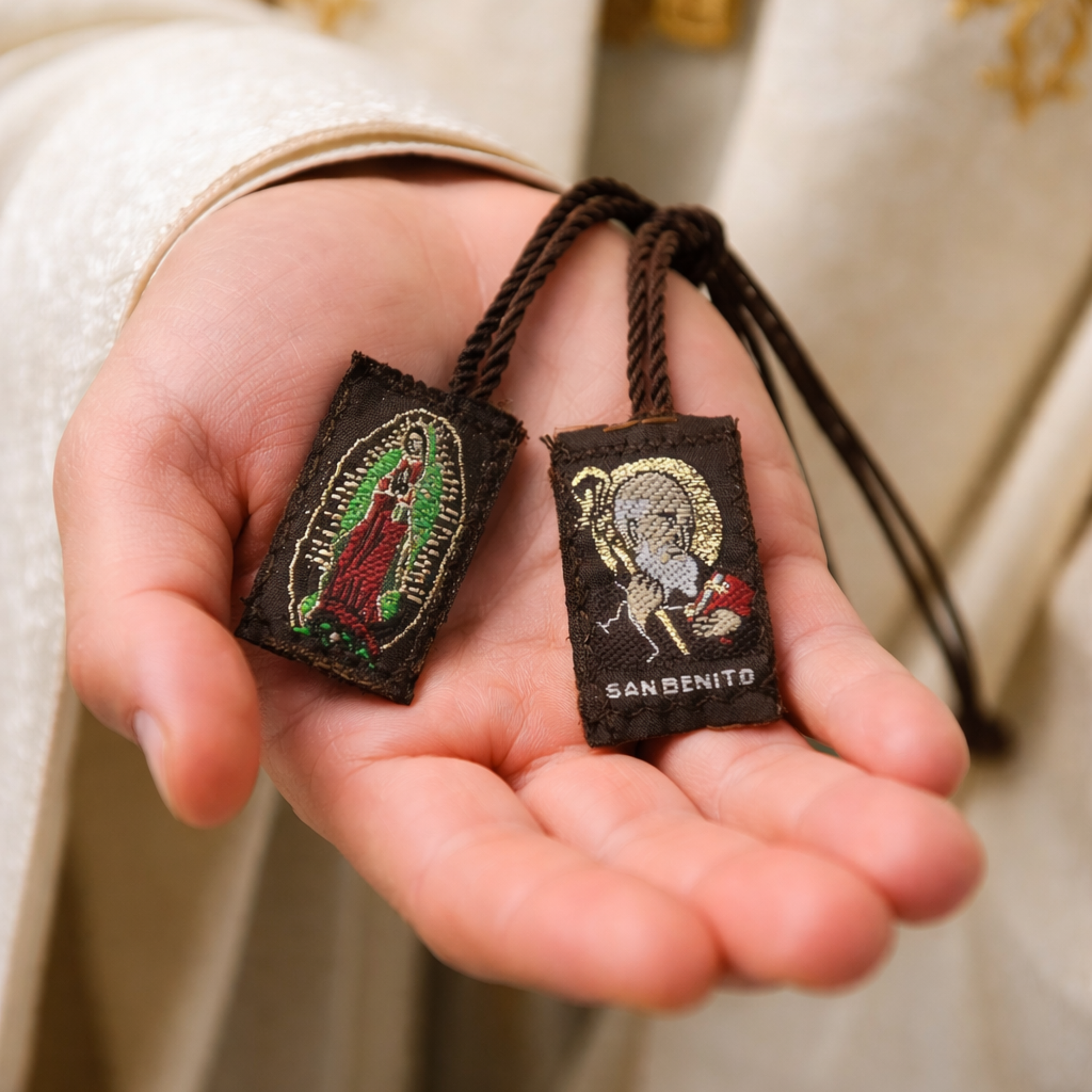 Two embroidered patches held in a hand, one featuring a Virgin Mary and the other 'San Benito'.