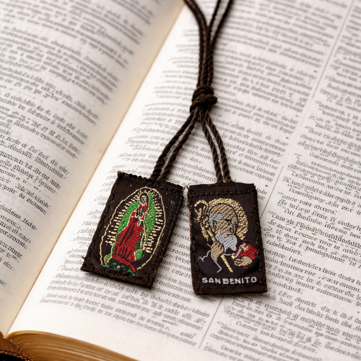 Two embroidered bookmarks on an open book with 'San Benito' branding.