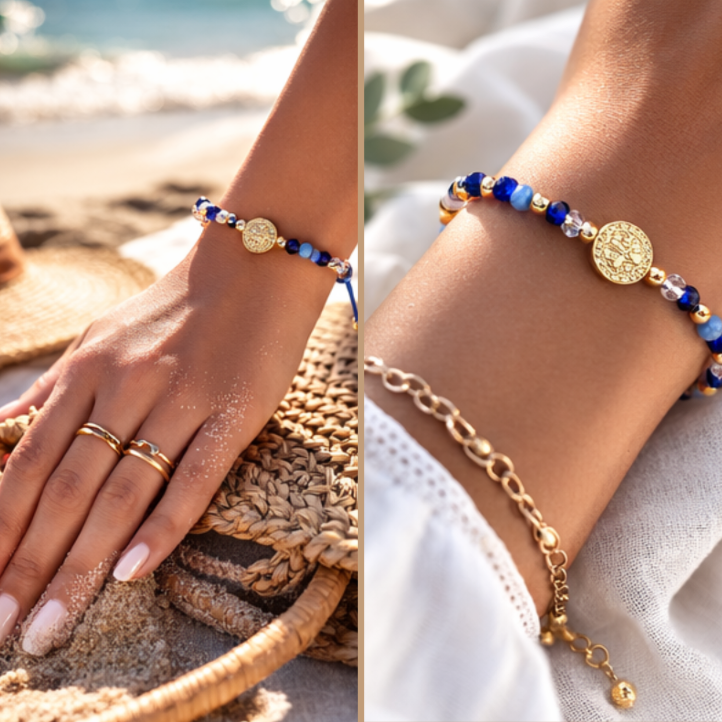 Close-up of a hand wearing a blue beaded bracelet with a gold coin charm on a beach.
