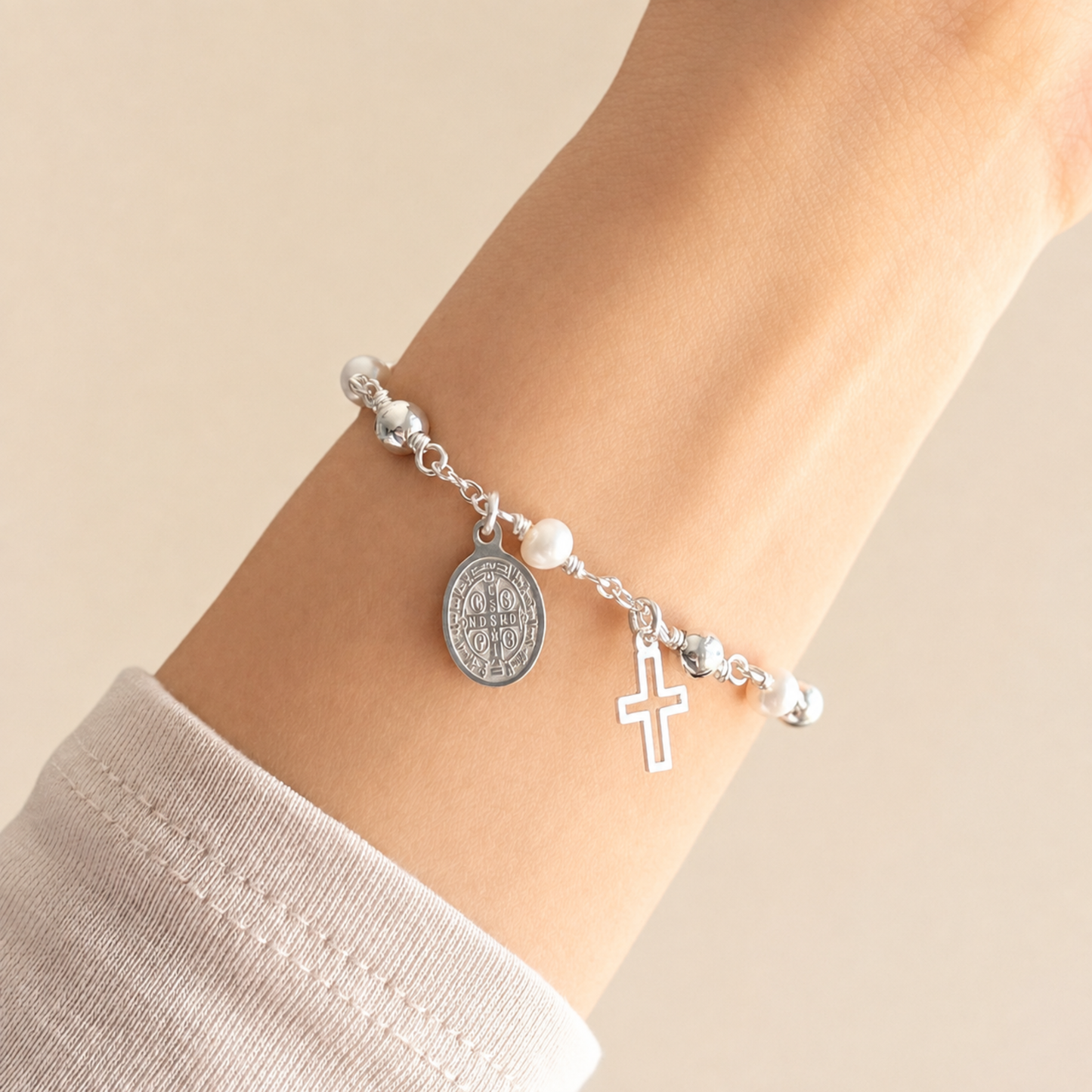 St Benedict silver rosary bracelet with freshwater pearls