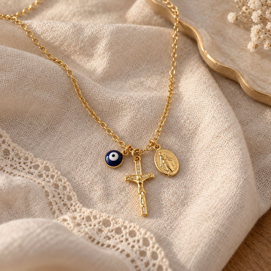 Blue Evil Eye Crucifix & Virgin Mary Necklace