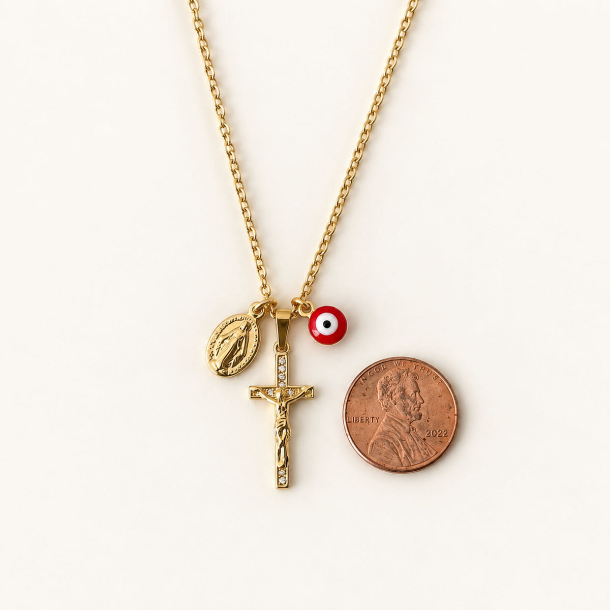 Red Evil Eye Crucifix & Virgin Mary Necklace