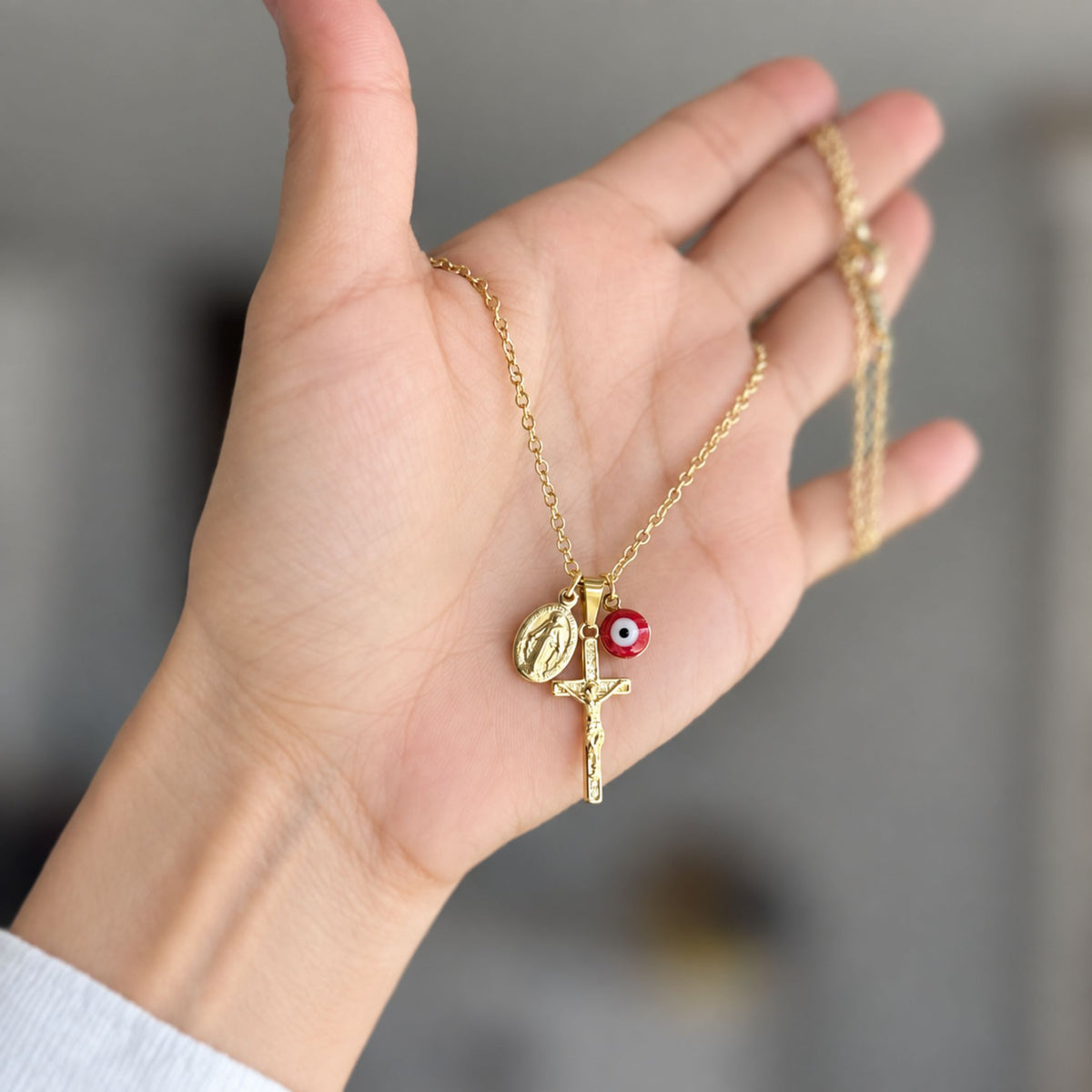 Red Evil Eye Crucifix & Virgin Mary Necklace