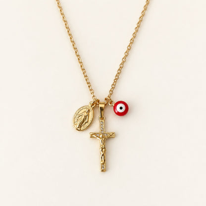 Red Evil Eye Crucifix & Virgin Mary Necklace