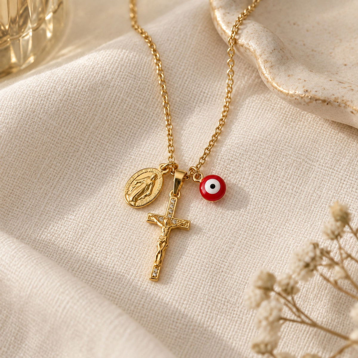 Red Evil Eye Crucifix & Virgin Mary Necklace