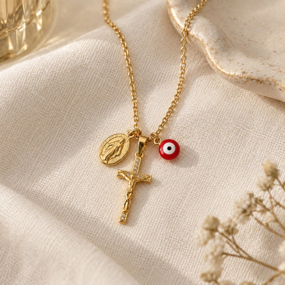 Red Evil Eye Crucifix & Virgin Mary Necklace
