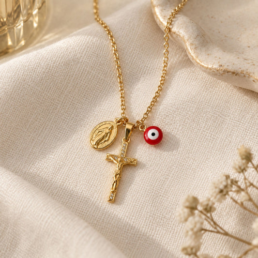 Red Evil Eye Crucifix & Virgin Mary Necklace