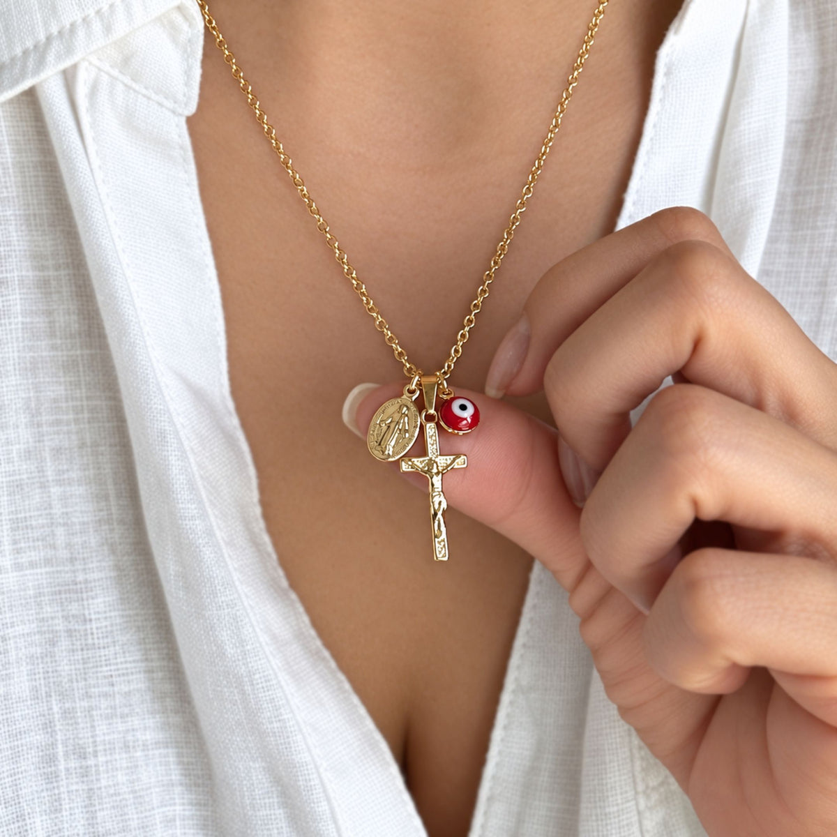 Red Evil Eye Crucifix & Virgin Mary Necklace