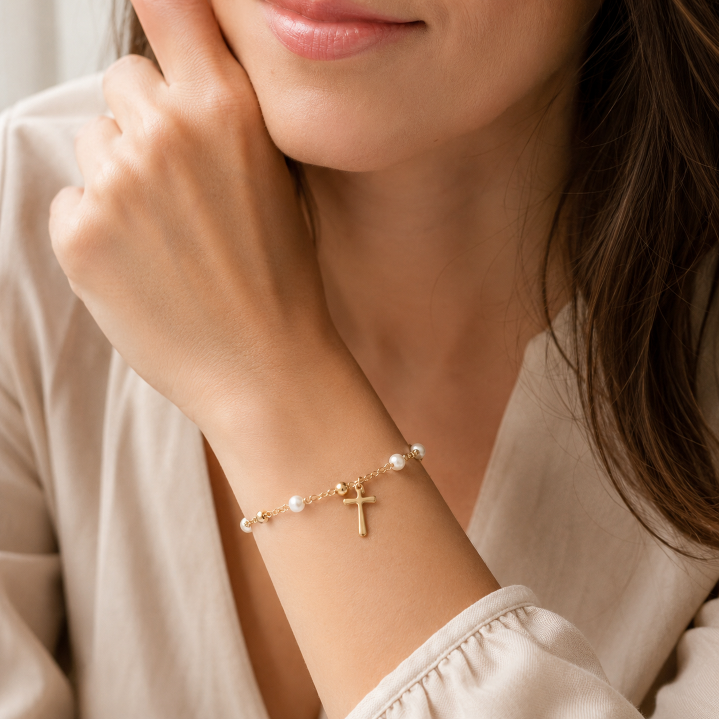 Freshwater Pearl Cross Rosary Bracelet