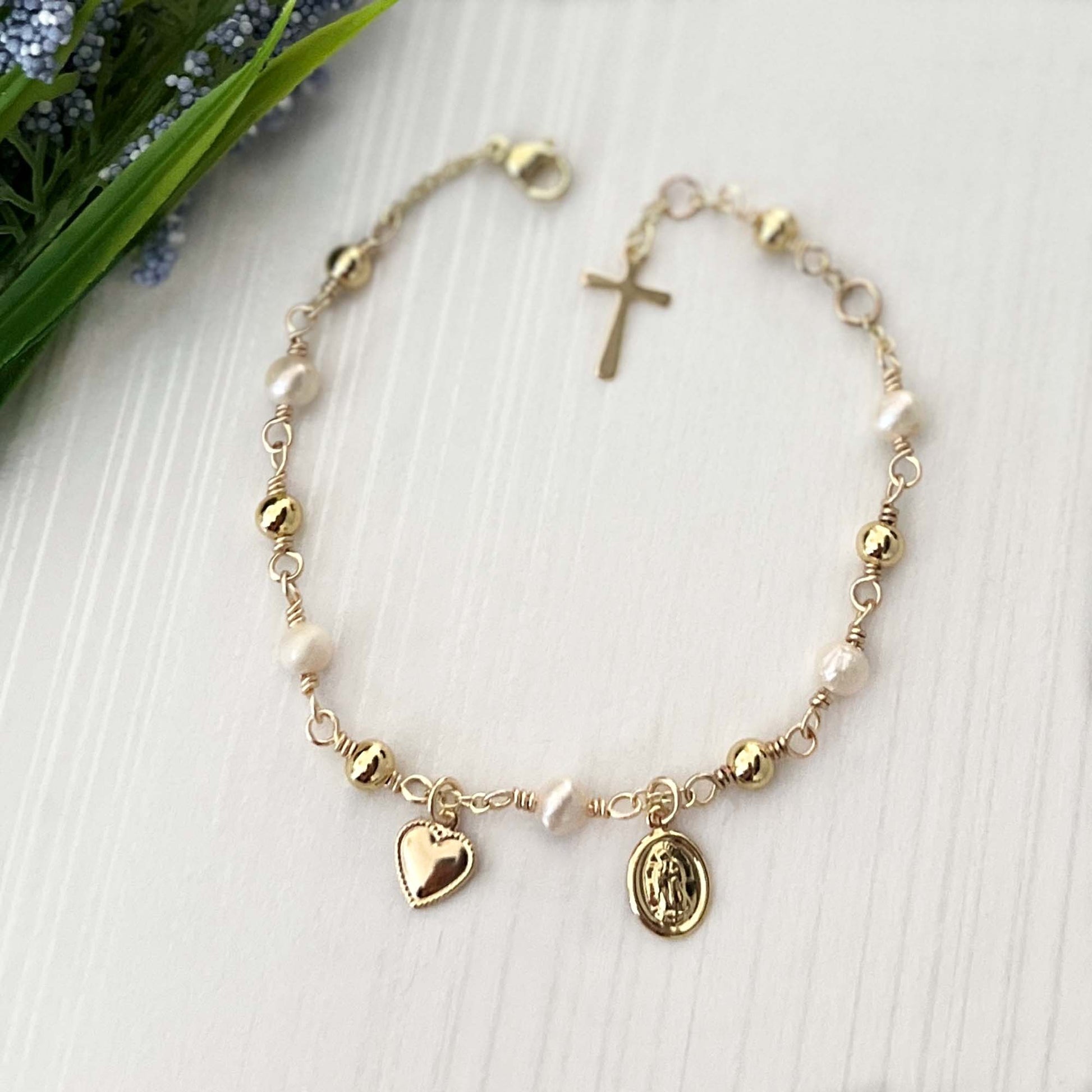 Virgin Mary Catholic bracelet with cross and heart charms