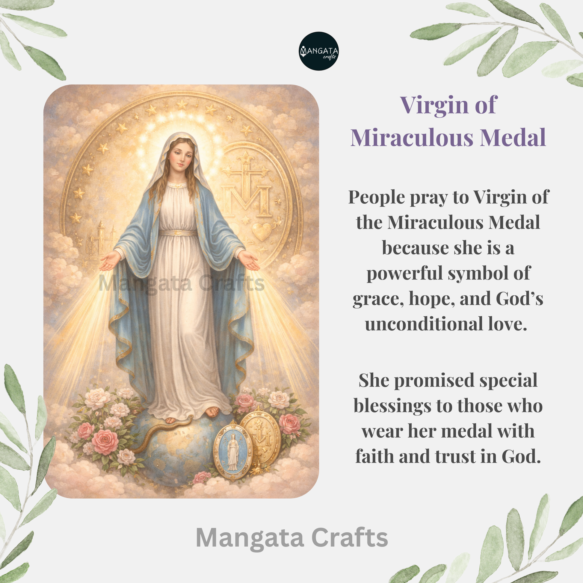 Virgin of the Miraculous Medal with description and Mangata Crafts branding