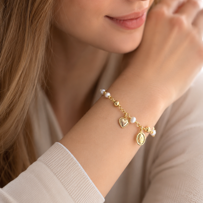 Virgin Mary rosary bracelet with freshwater pearls and gold charms