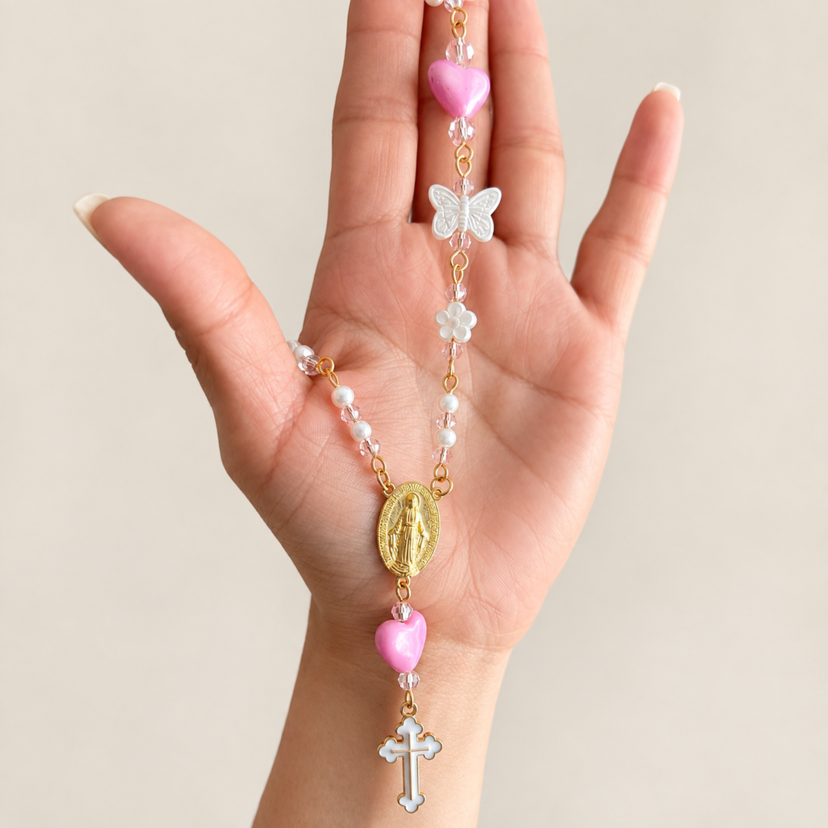 Pink Rosary Car Charm with Miraculous Medal