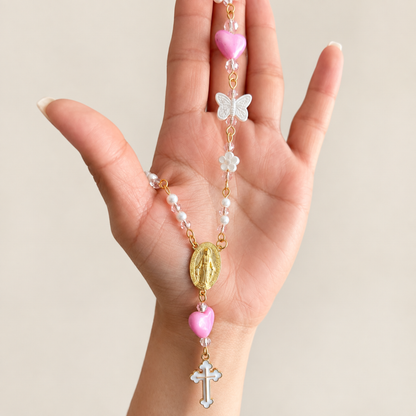 Pink Rosary Car Charm with Miraculous Medal
