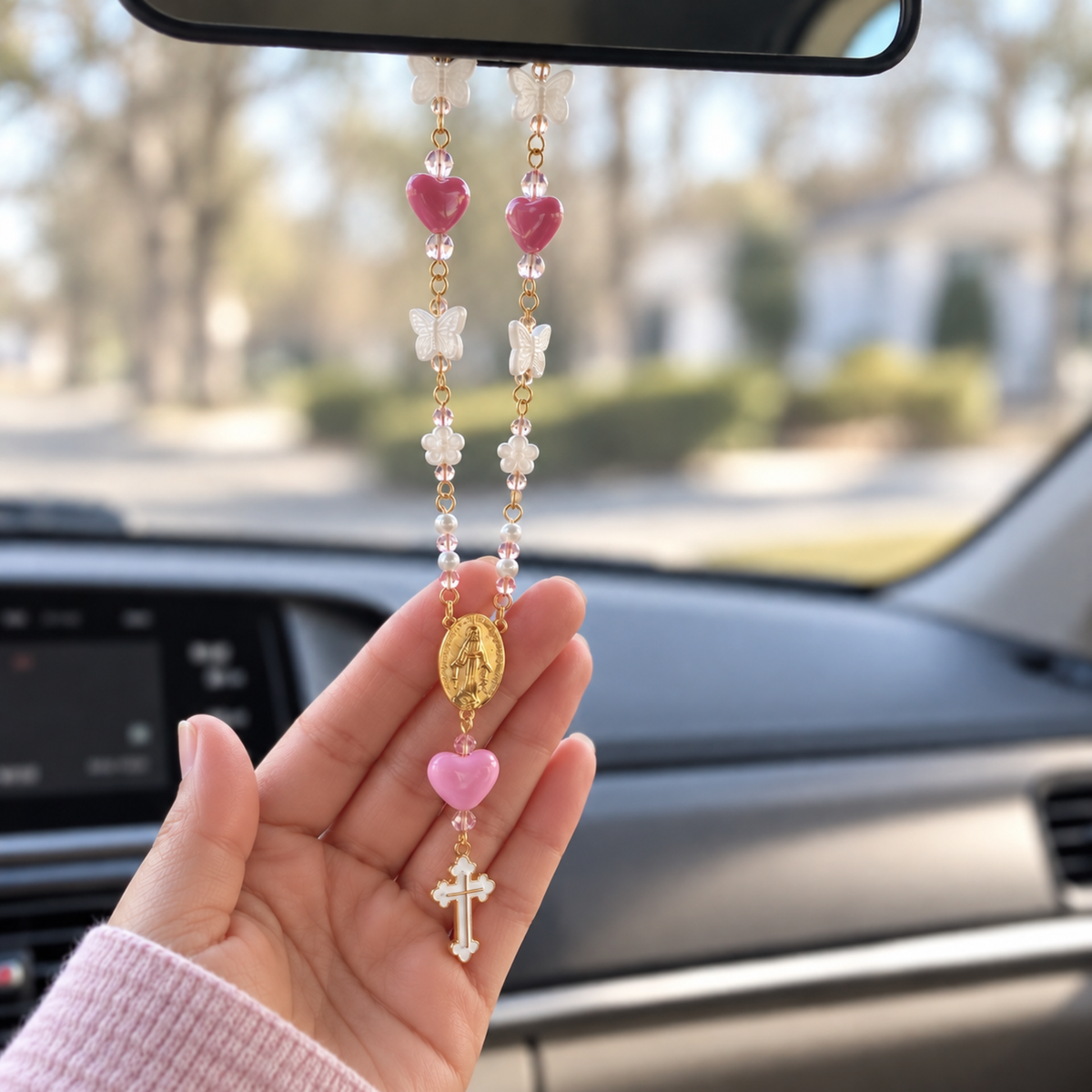 Pink Rosary Car Charm with Miraculous Medal