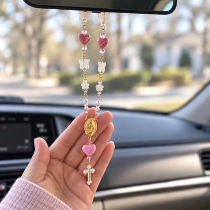 Pink Rosary Car Charm with Miraculous Medal
