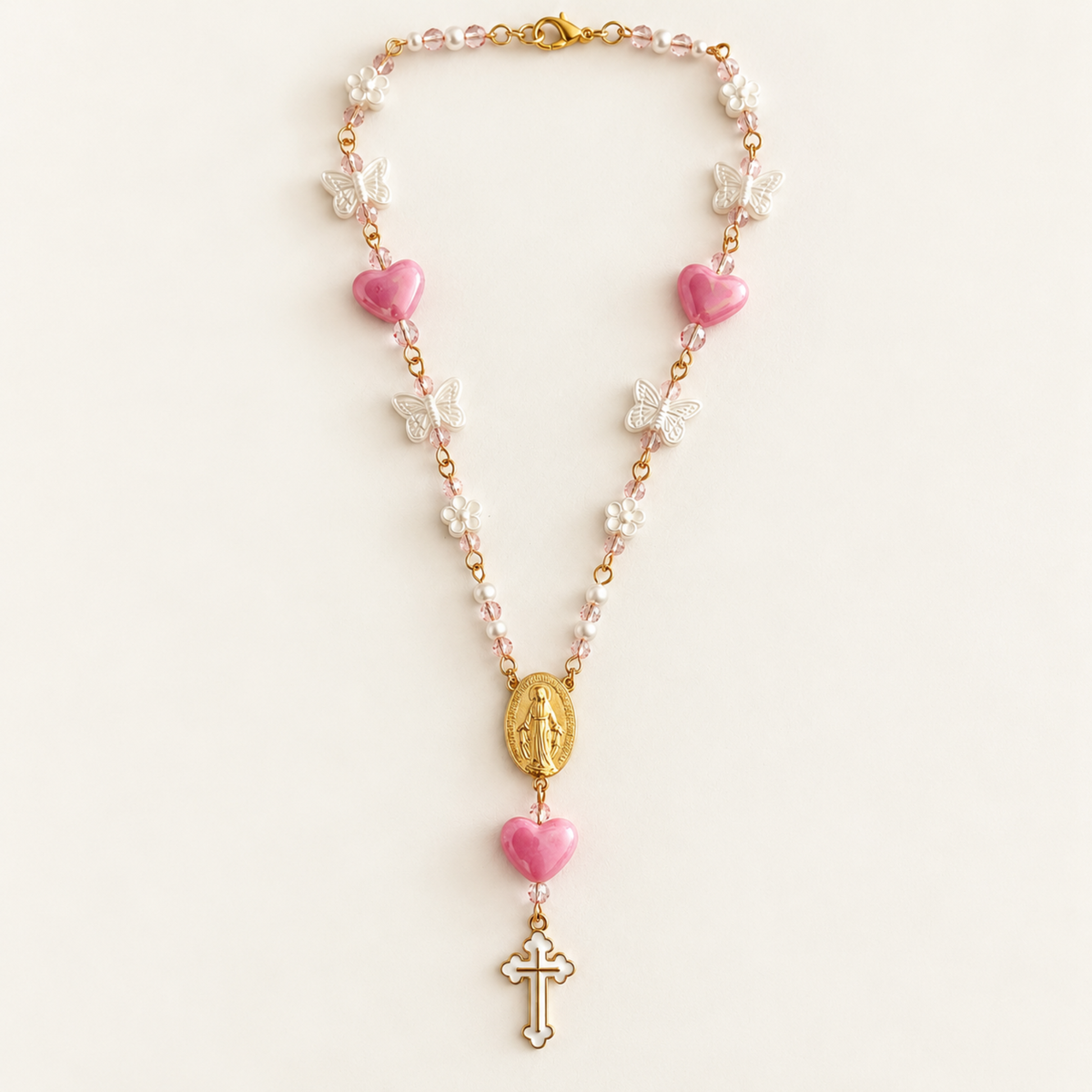 Pink Rosary Car Charm with Miraculous Medal