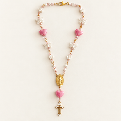 Pink Rosary Car Charm with Miraculous Medal