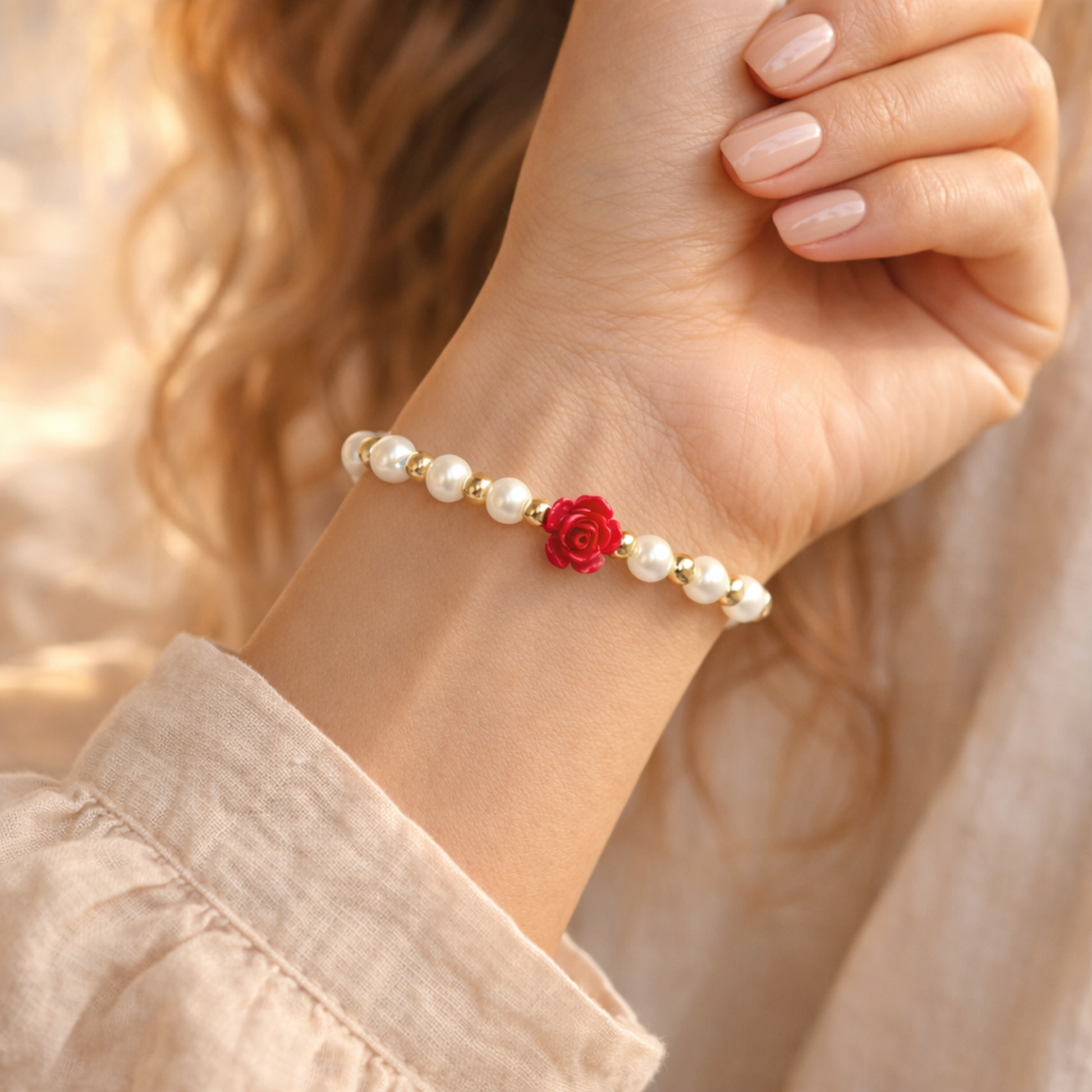 Hand wearing a pearl bracelet with a red flower charm against a blurred background