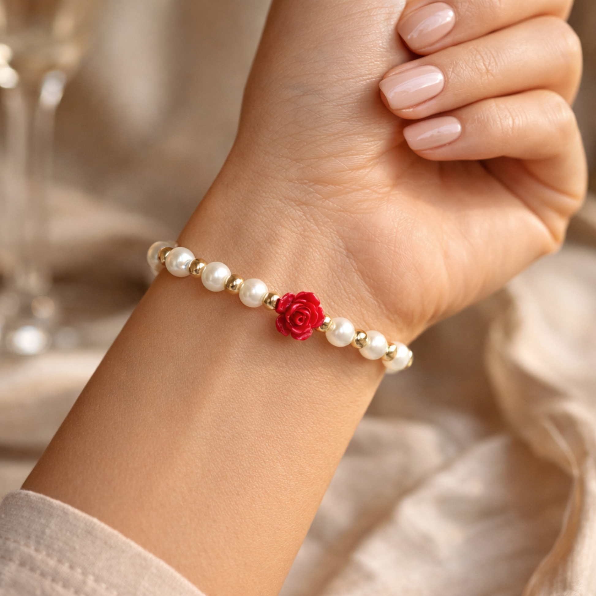 Pearl bracelet with a red flower charm on a wrist, blurred background