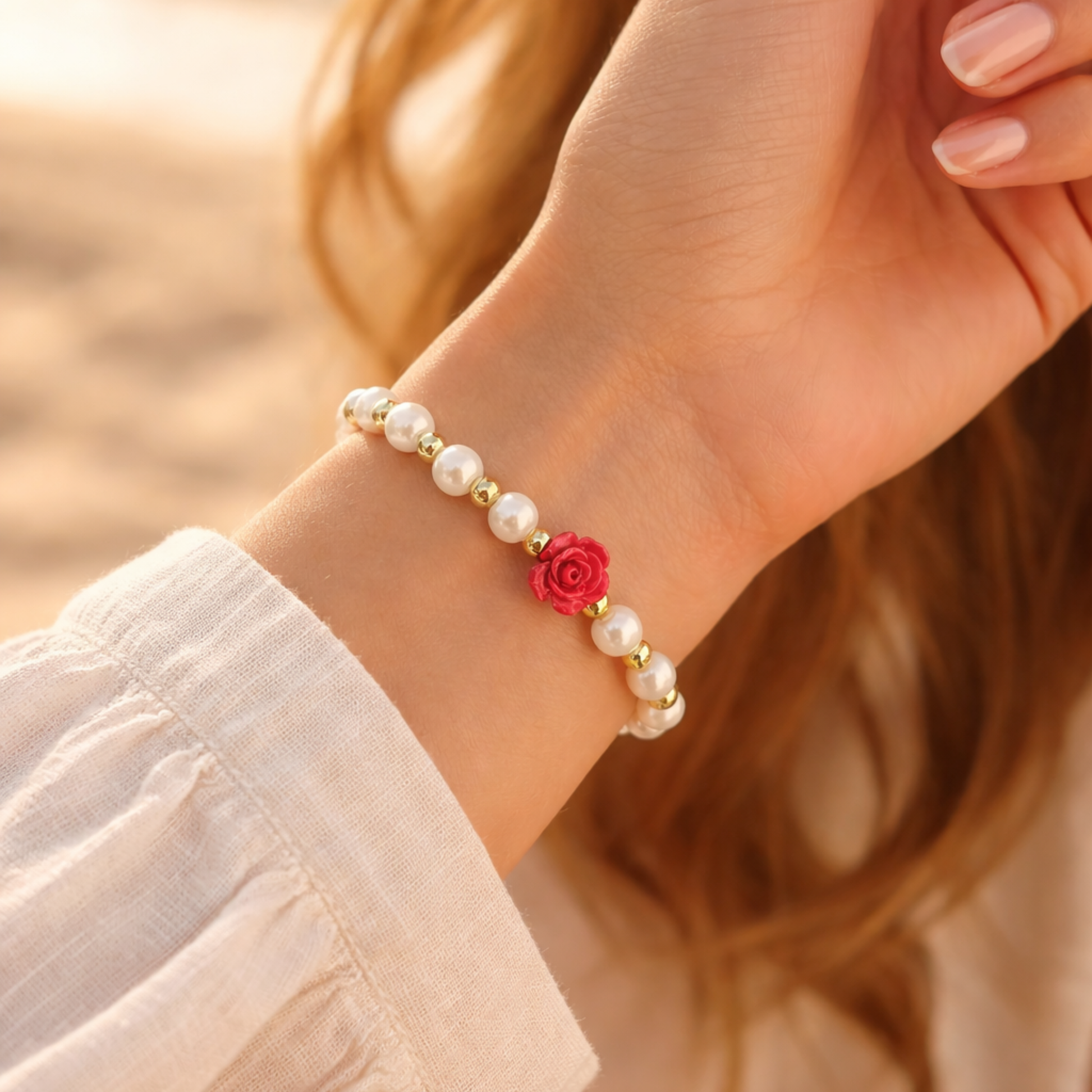 Pearl bracelet with a red flower charm on a wrist against a blurred background