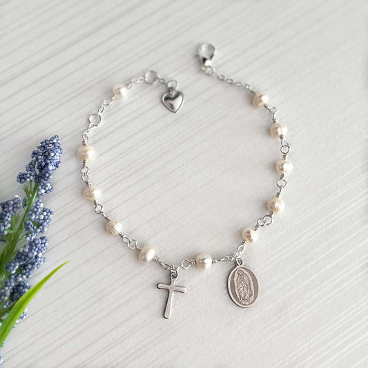 White pearls rosary bracelet women's