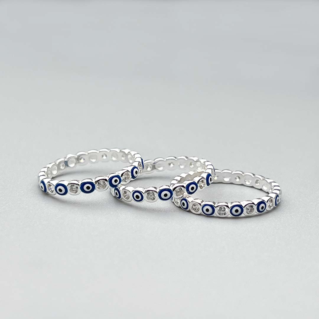 Blue evil eye silver ring